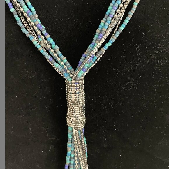 Multi Strand Blue Faux Turquoise Beads and Silver Long Necklace - Picture 2 of 4